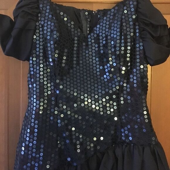 Navy Blue Sequin Off Shoulder Bubble Skirt 80’s Bridesmaid or Prom Dress - Picture 2 of 6